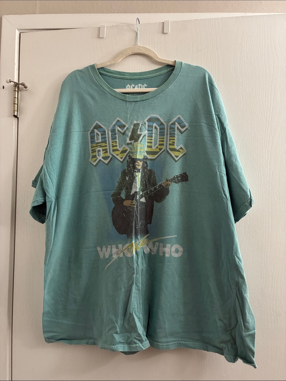 AC/DC Teal Graphic Band Tee with Guitarist Print